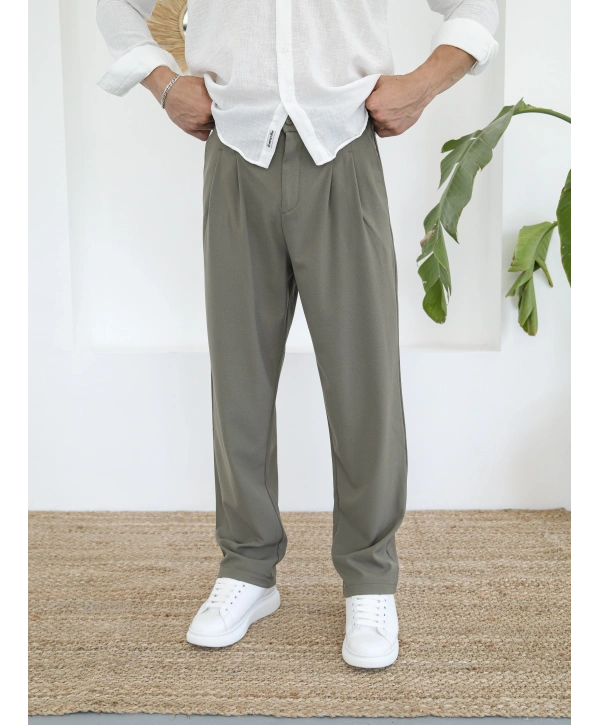 BAGGY PİLELİ HAKİ KUMAŞ PANTOLON