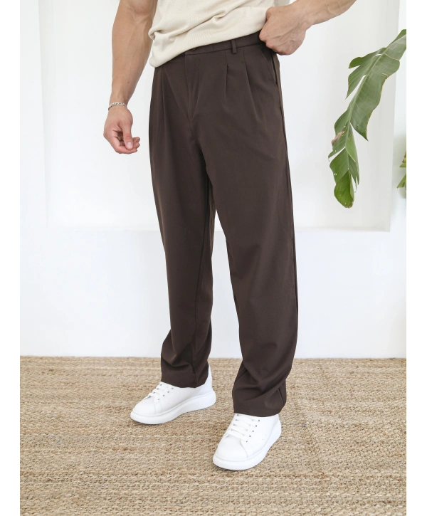 BAGGY PİLELİ KAHVERENGİ KUMAŞ PANTOLON