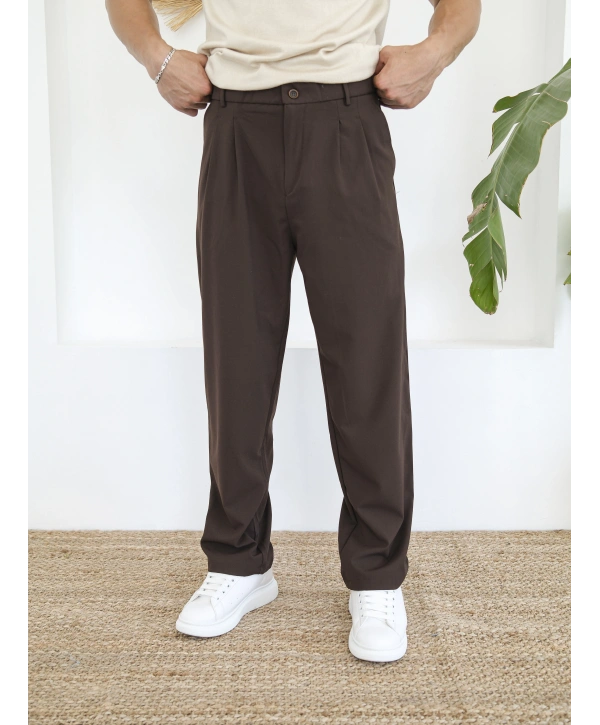 BAGGY PİLELİ KAHVERENGİ KUMAŞ PANTOLON