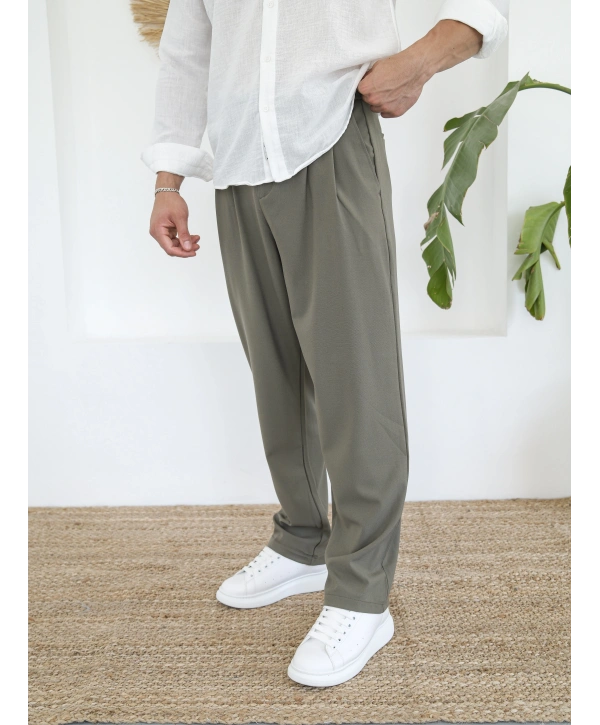 BAGGY PİLELİ HAKİ KUMAŞ PANTOLON