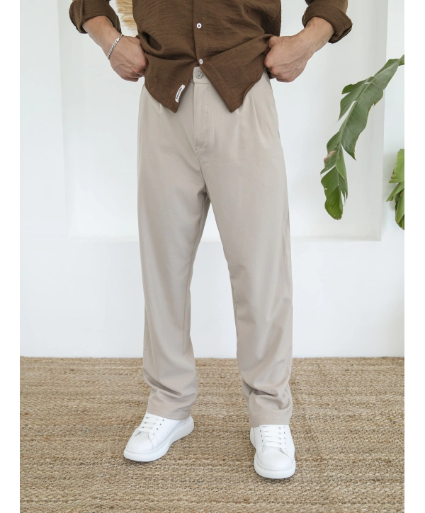 BAGGY PİLELİ KREM KUMAŞ PANTOLON