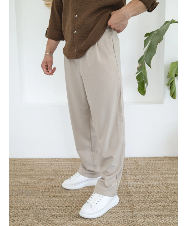 BAGGY PİLELİ KREM KUMAŞ PANTOLON