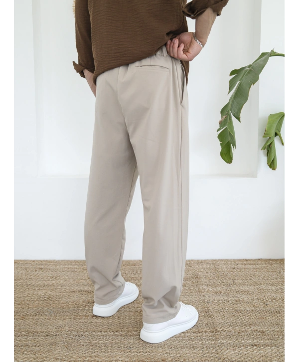 BAGGY PİLELİ KREM KUMAŞ PANTOLON