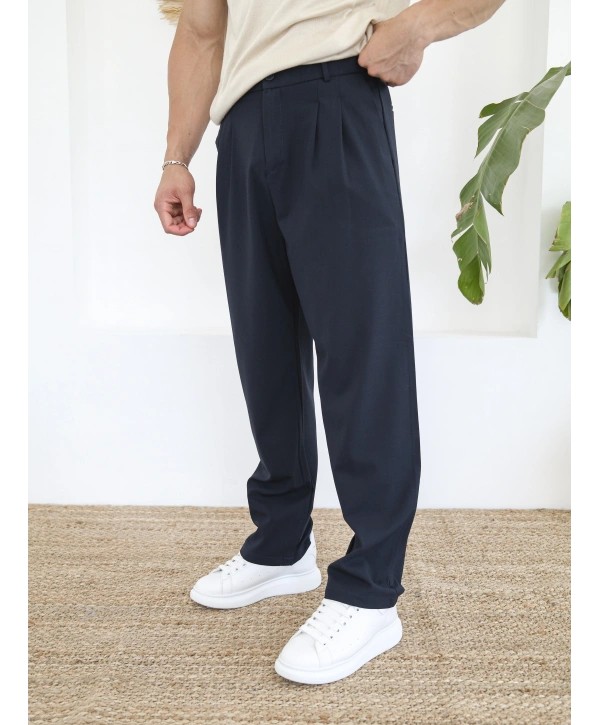 BAGGY PİLELİ LACİVERT KUMAŞ PANTOLON