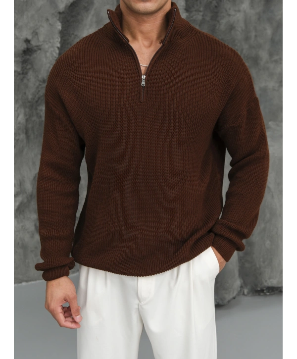 Erkek Acı Kahve Fermuar Yaka Kazak