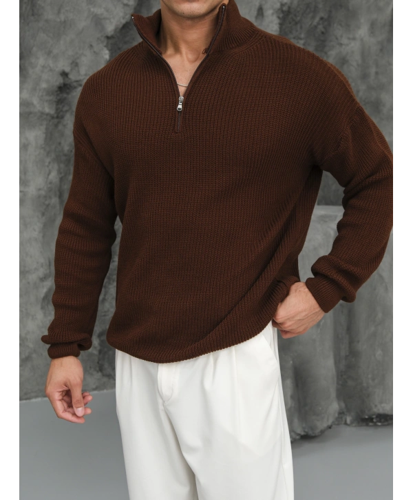 Erkek Acı Kahve Fermuar Yaka Kazak