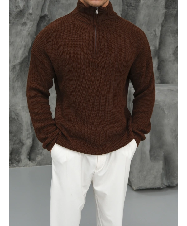 Erkek Acı Kahve Fermuar Yaka Kazak