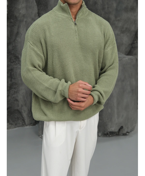 Erkek Fıstık Yeşili Fermuar Yaka Kazak