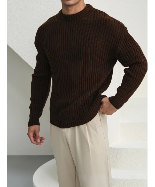 Erkek Acı Kahve Triko Örme Kazak