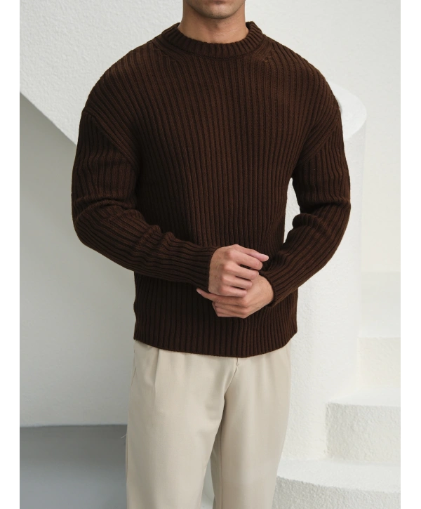 Erkek Acı Kahve Triko Örme Kazak