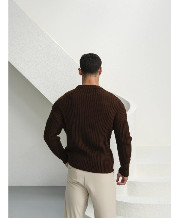 Erkek Acı Kahve Triko Örme Kazak