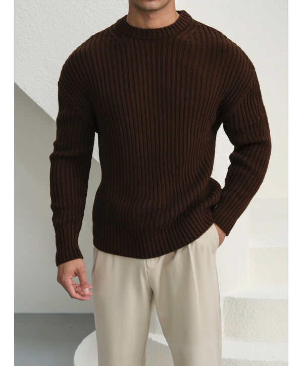 Erkek Acı Kahve Triko Örme Kazak