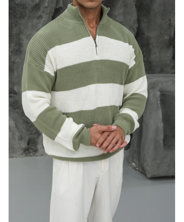 Erkek Fıstık Yeşili Triko Fermuar Yaka Çizgili Kazak