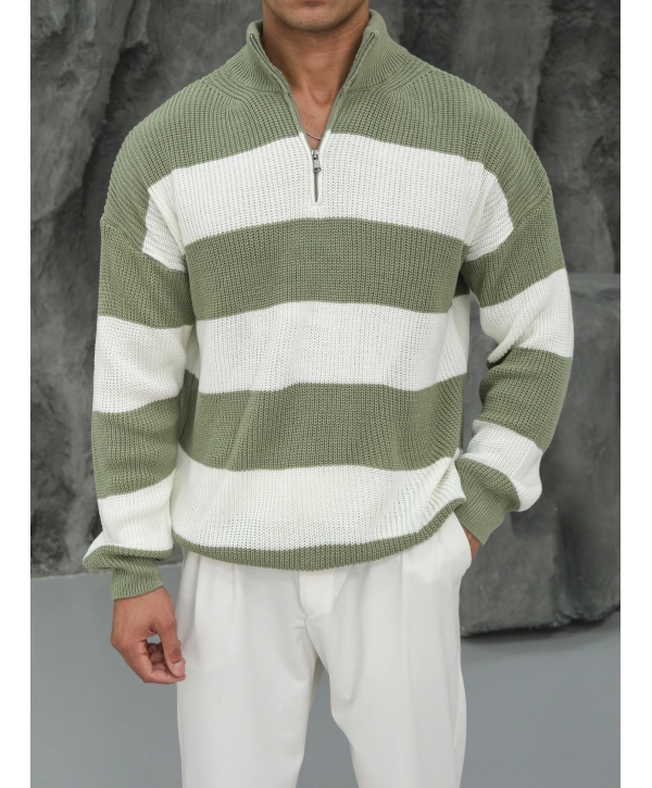 Erkek Fıstık Yeşili Triko Fermuar Yaka Çizgili Kazak