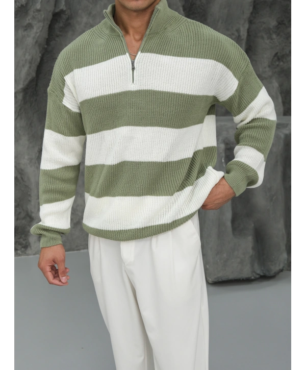 Erkek Fıstık Yeşili Triko Fermuar Yaka Çizgili Kazak