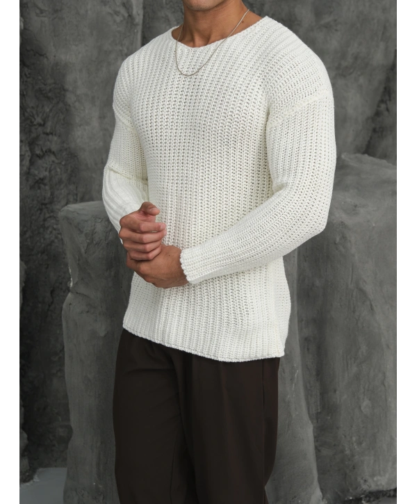 Kalın Örgü Oversize Triko Kazak Beyaz