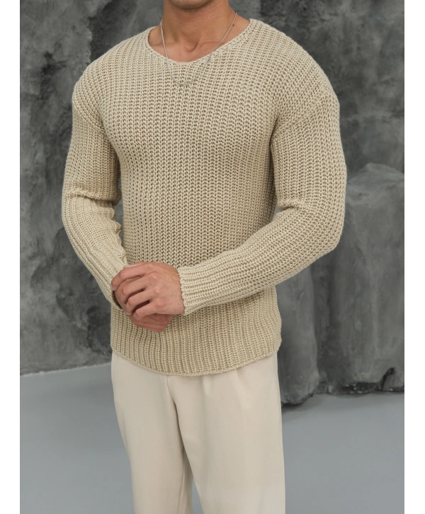 Kalın Örgü Oversize Triko Kazak Bej