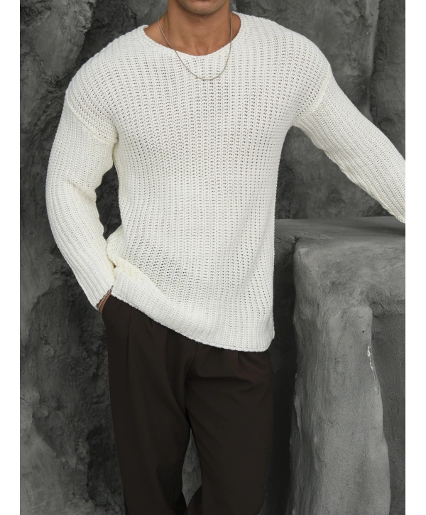 Kalın Örgü Oversize Triko Kazak Beyaz