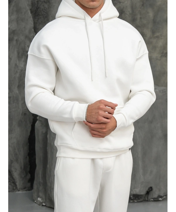 Erkek Beyaz Kapüşonlu Hoodie Sweatshirt