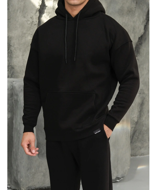 Erkek Siyah Kapüşonlu Hoodie Sweatshirt