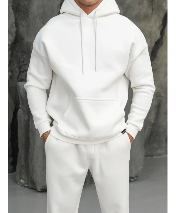 Erkek Beyaz Kapüşonlu Hoodie Sweatshirt