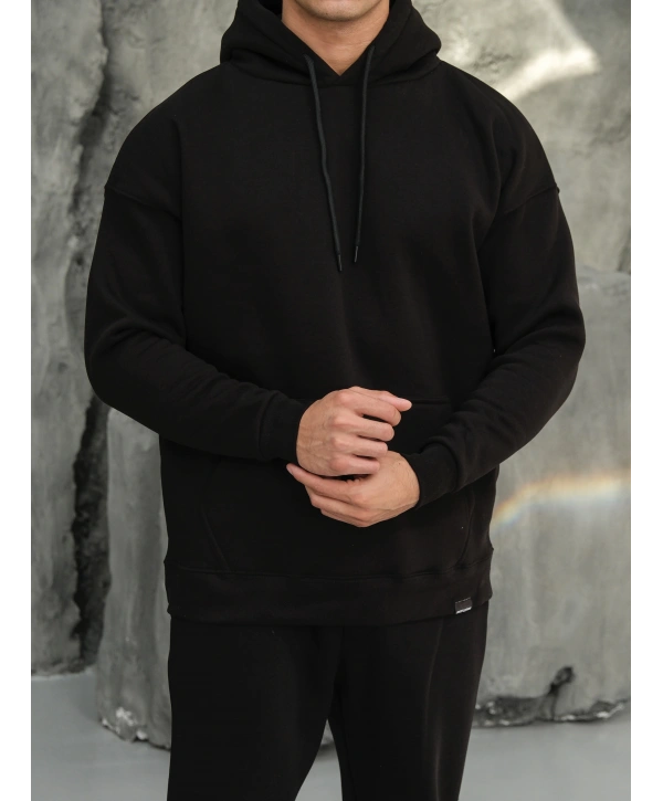Erkek Siyah Kapüşonlu Hoodie Sweatshirt