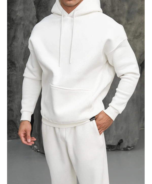 Erkek Beyaz Kapüşonlu Hoodie Sweatshirt