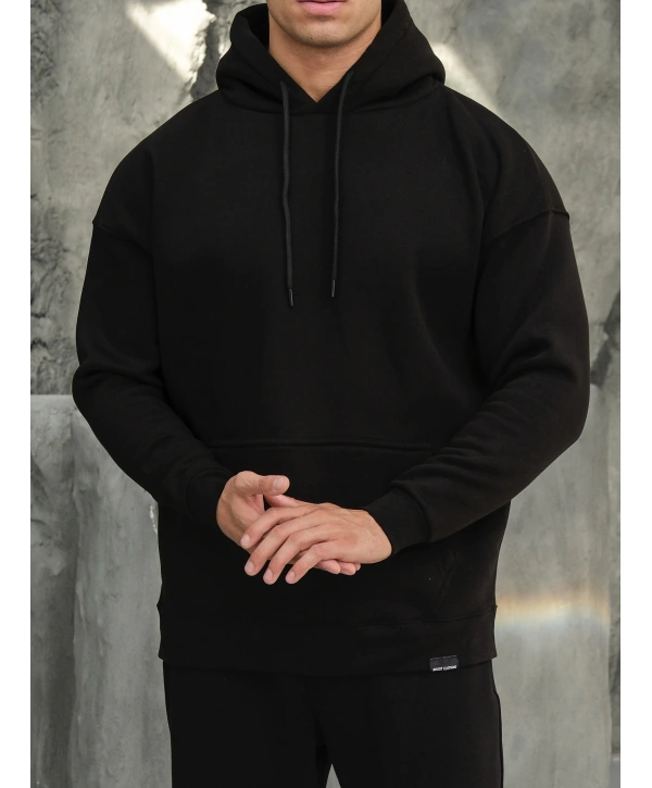 Erkek Siyah Kapüşonlu Hoodie Sweatshirt