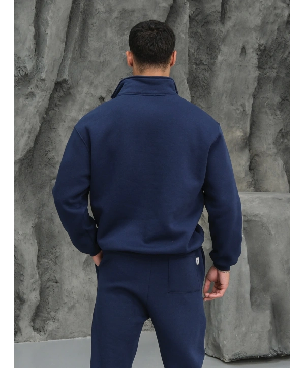 Erkek İndigo Fermuar Yaka Sweatshirt