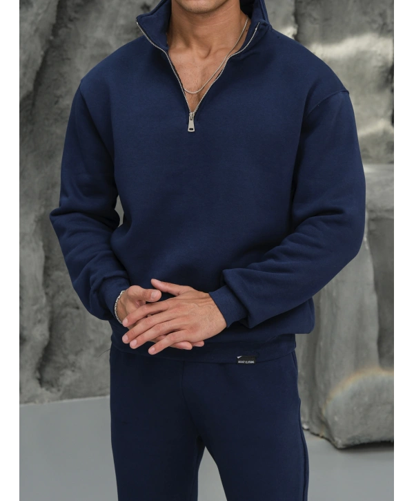 Erkek İndigo Fermuar Yaka Sweatshirt