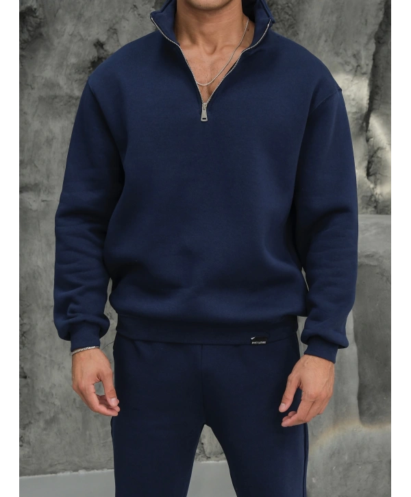 Erkek İndigo Fermuar Yaka Sweatshirt