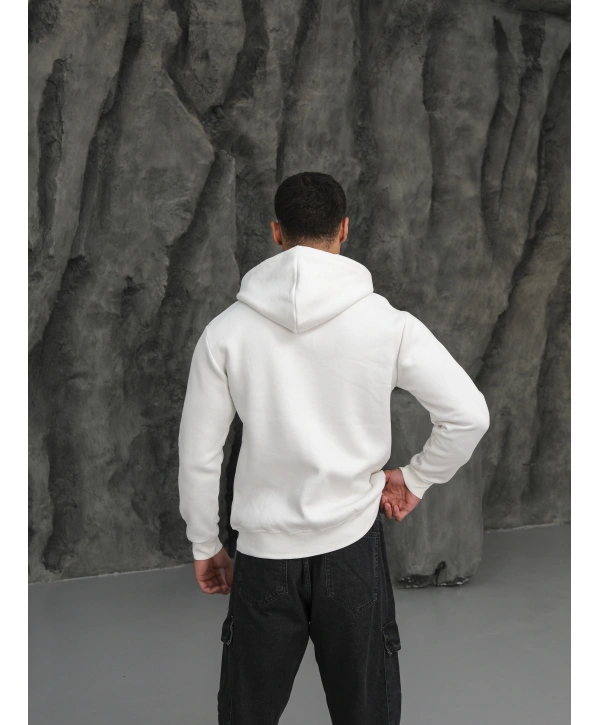 Erkek Beyaz Kapüşonlu Fermuarlı Sweatshirt