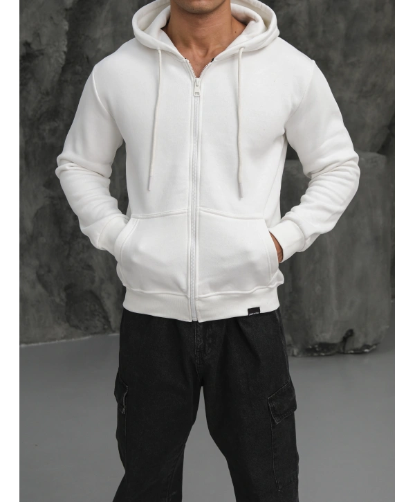 Erkek Beyaz Kapüşonlu Fermuarlı Sweatshirt