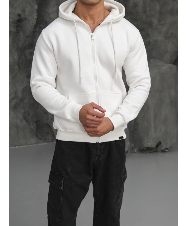 Erkek Beyaz Kapüşonlu Fermuarlı Sweatshirt