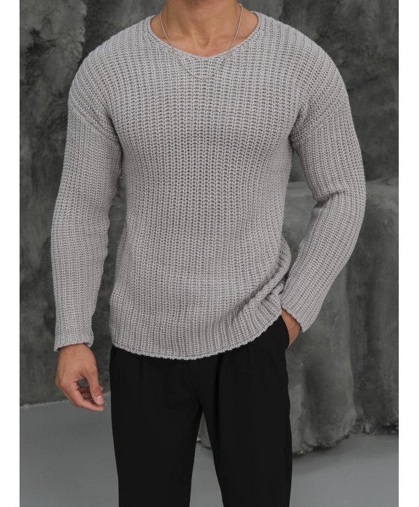 Kalın Örgü Oversize Triko Kazak Gri