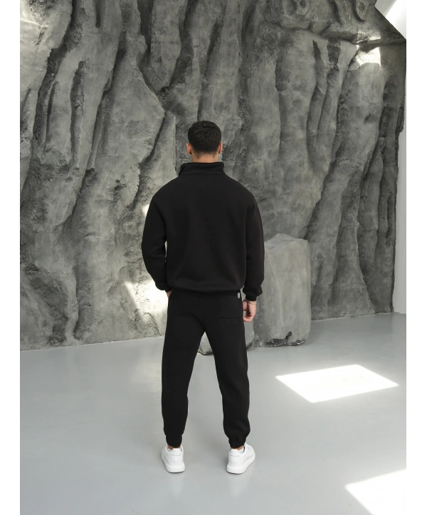 Erkek Siyah Fermuar Yaka Jogger Eşofman Takımı