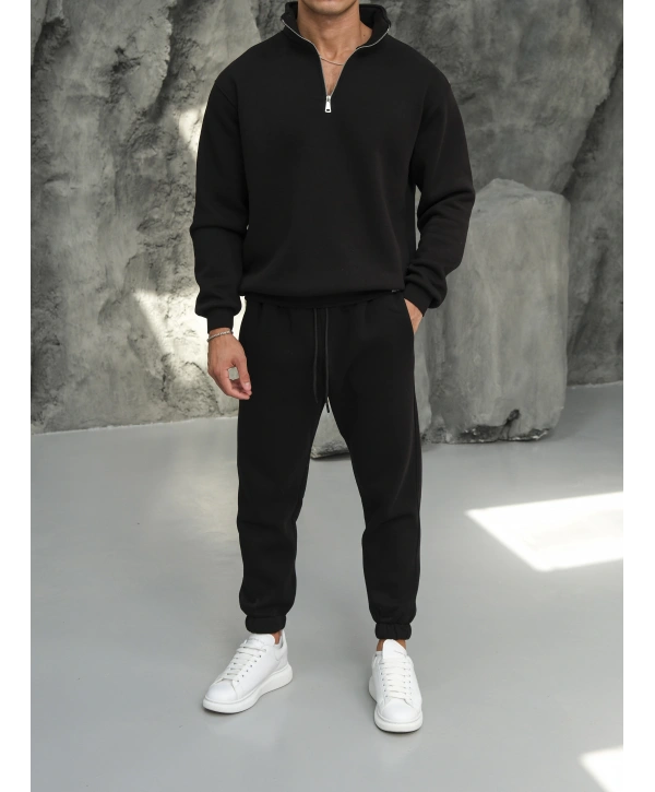 Erkek Siyah Fermuar Yaka Jogger Eşofman Takımı