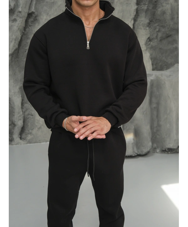 Erkek Siyah Fermuar Yaka Jogger Eşofman Takımı