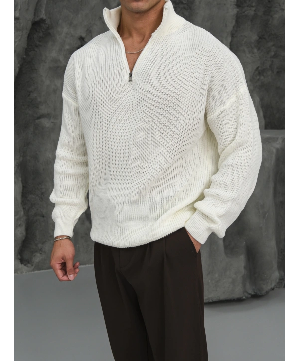 Erkek Beyaz Triko Fermuar Yaka Kazak