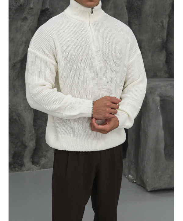 Erkek Beyaz Triko Fermuar Yaka Kazak