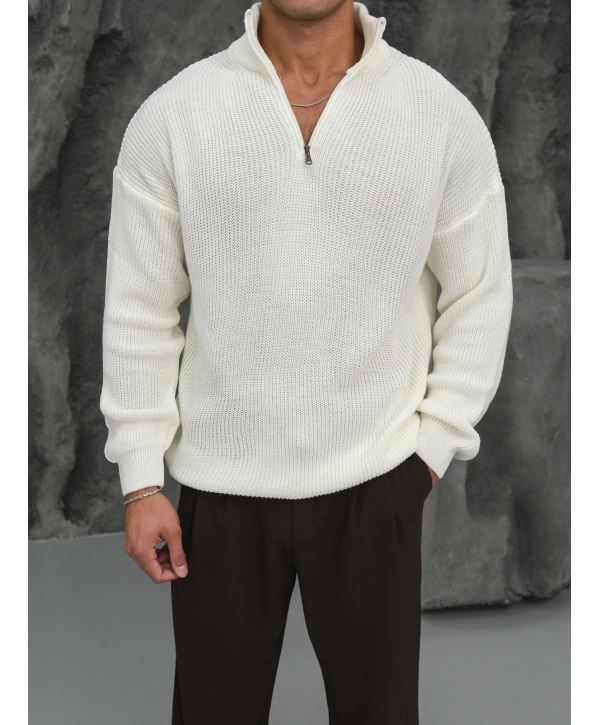 Erkek Beyaz Triko Fermuar Yaka Kazak