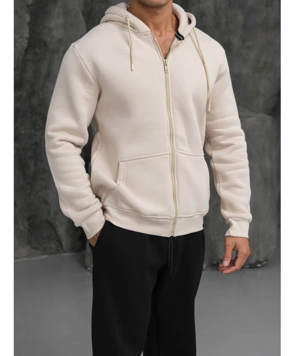 Erkek Bej Kapüşonlu Fermuarlı Sweatshirt