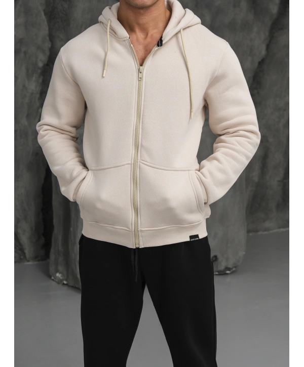 Erkek Bej Kapüşonlu Fermuarlı Sweatshirt