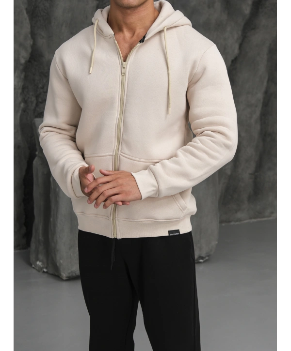 Erkek Bej Kapüşonlu Fermuarlı Sweatshirt