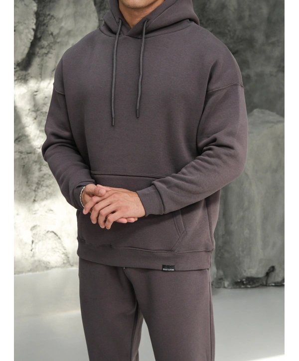 Erkek Füme Kapüşonlu Hoodie Sweatshirt