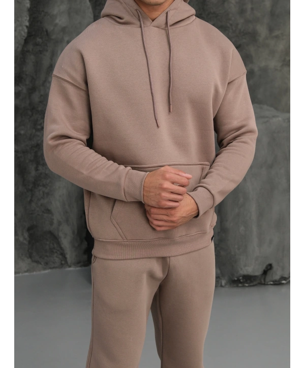 Erkek Vizon Kapüşonlu Hoodie Sweatshirt