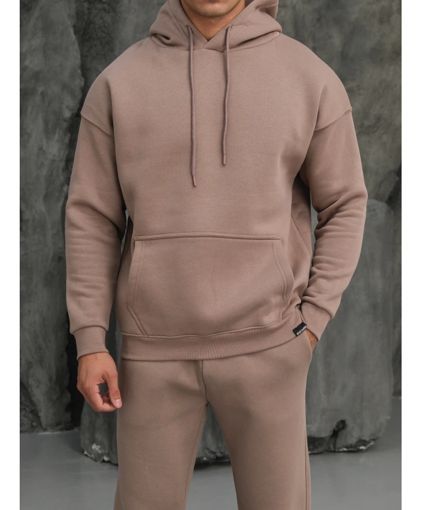 Erkek Vizon Kapüşonlu Hoodie Sweatshirt