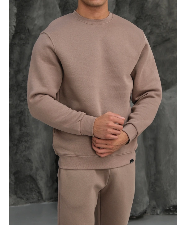 Erkek Vizon Oversize Kollar Dar Kesim Basic Sweatshirt