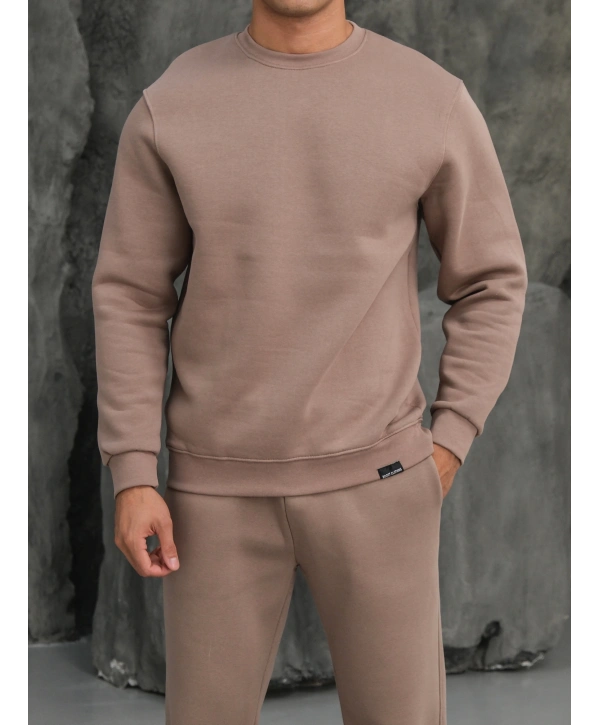 Erkek Vizon Oversize Kollar Dar Kesim Basic Sweatshirt