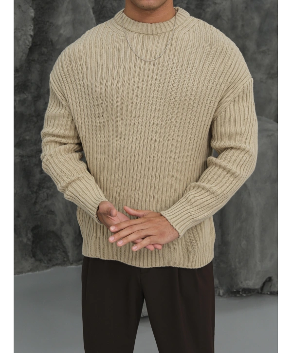 Erkek Ekru Triko Örme Kazak